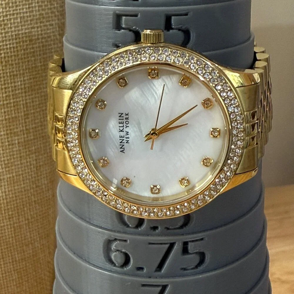 Anne Klein New York Womens Gold-Tone Watch With Crystal Accents & Mother-Of-Pear